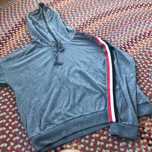 Gray/blue/red/white sweatshirt.